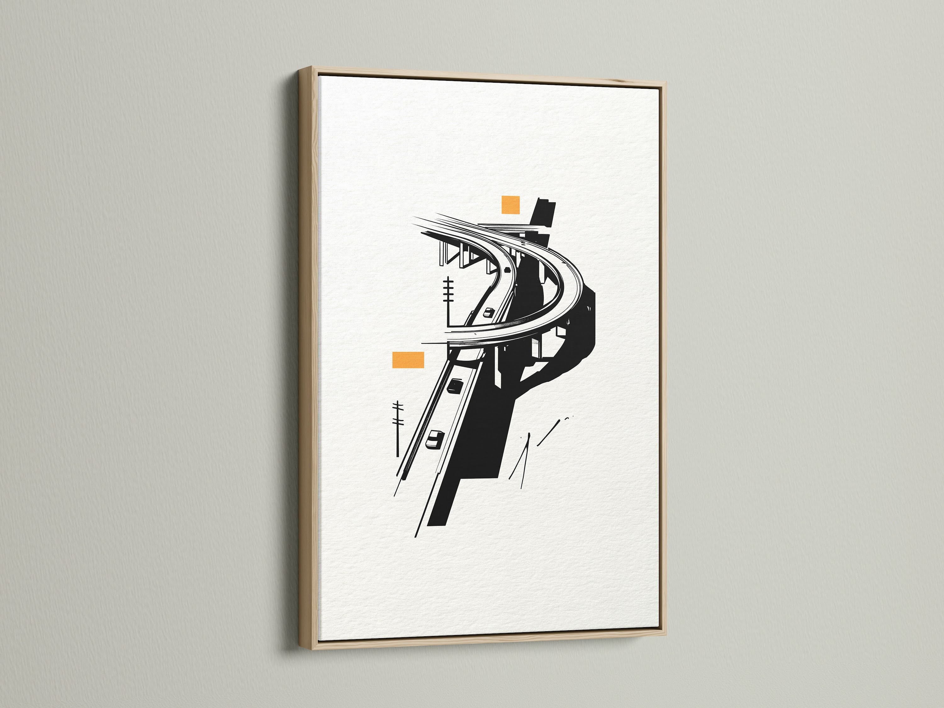 The Highway Overpass artwork is showcased in an oak frame. This urban wall art is a modern cityscape print. Ideal for minimalist decor in any office. The transportation art offers a unique black and white city print. Enhance your space with this architectural artwork.