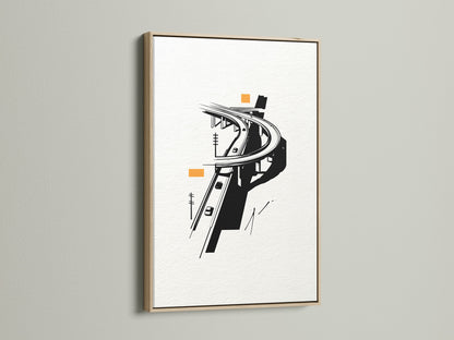 The Highway Overpass artwork is showcased in an oak frame. This urban wall art is a modern cityscape print. Ideal for minimalist decor in any office. The transportation art offers a unique black and white city print. Enhance your space with this architectural artwork.