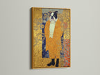 Klimt Style Bulldog Art Print is set in a luxurious gold frame. This dog canvas wall art features a gold ornate animal portrait. It's a vintage dog art piece with art nouveau print elements. Perfect as decorative art. It's a unique pet portrait art and an ornamental print. This artwork is ideal as a dog lover gift.