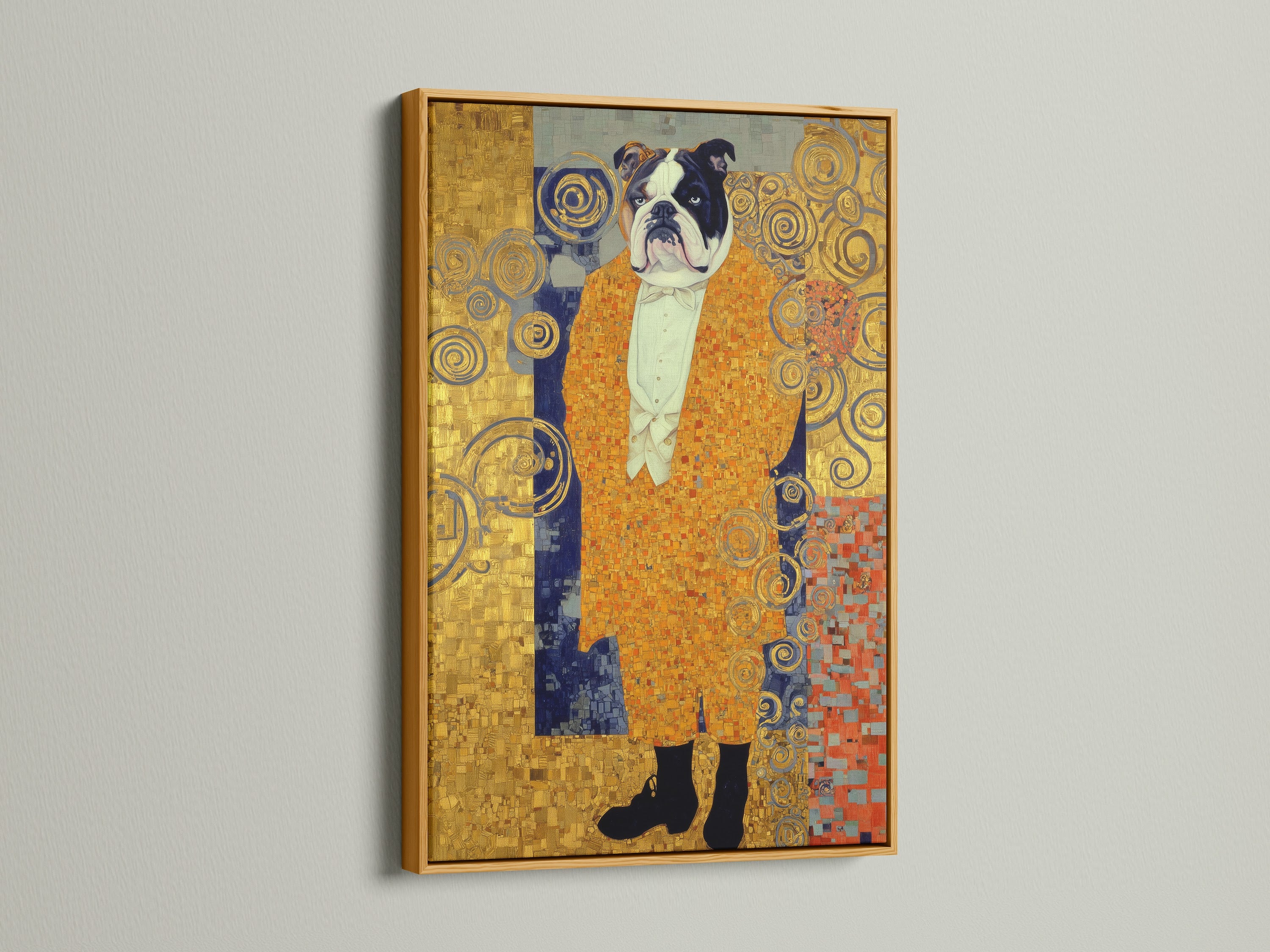 Klimt Style Bulldog Art Print is set in a luxurious gold frame. This dog canvas wall art features a gold ornate animal portrait. It's a vintage dog art piece with art nouveau print elements. Perfect as decorative art. It's a unique pet portrait art and an ornamental print. This artwork is ideal as a dog lover gift.