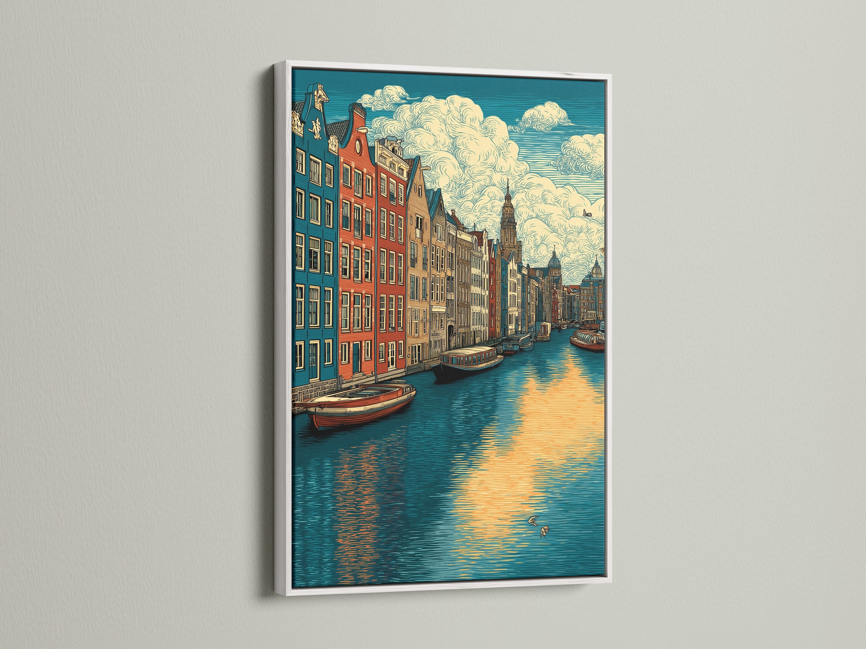 Stampa artistica del canale di Amsterdam - Arte murale della città europea, poster di viaggio vintage per l'arredamento del soggiorno, tela con architettura olandese