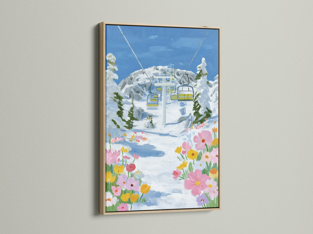 This Ski Lift artwork features an oak frame. The winter mountain wall art includes wildflowers. The alpine landscape poster enhances any space. Perfect for homeowners and vacation rentals seeking lodge artwork.