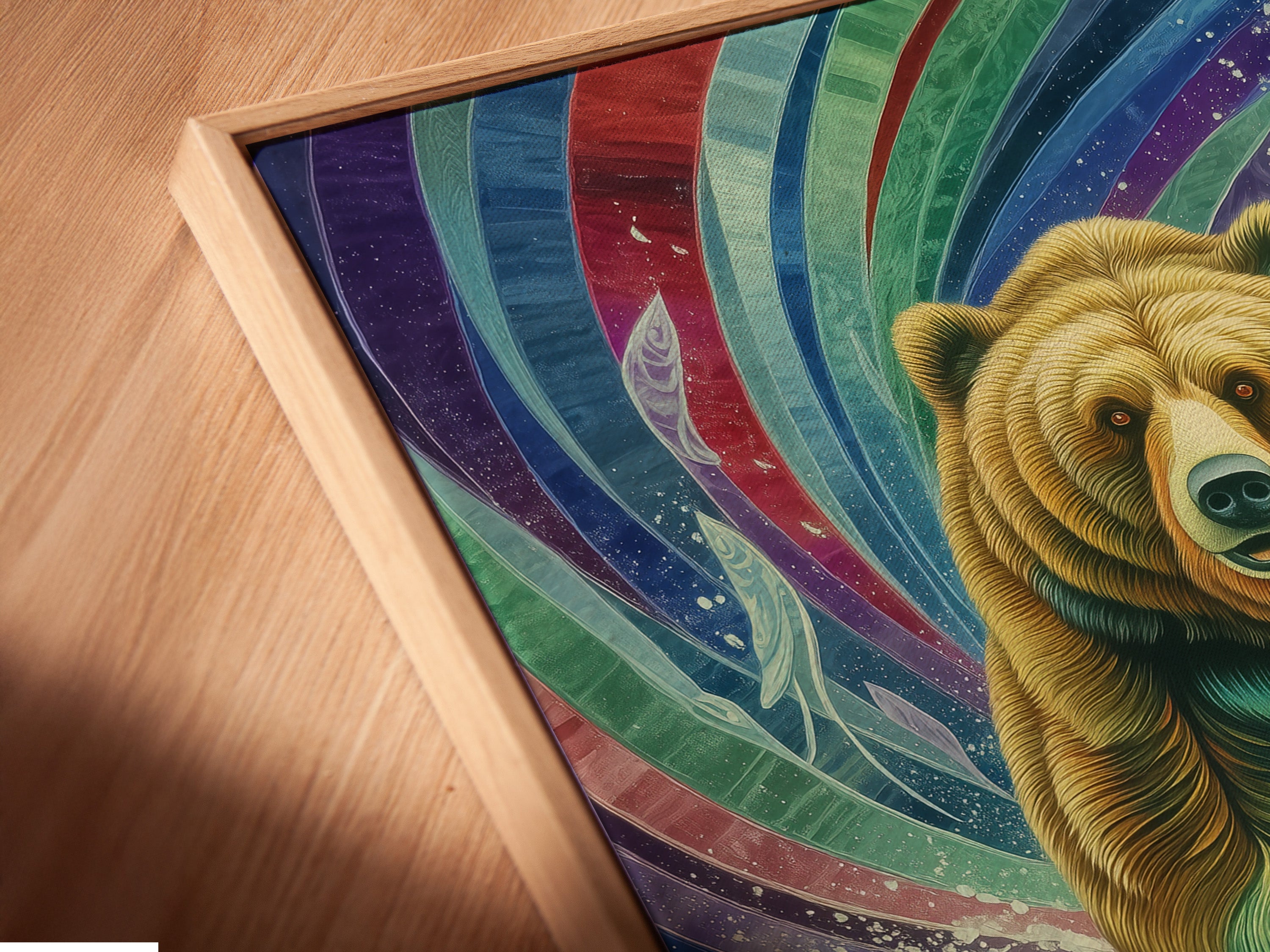 Angled close up of a Mystical Grizzly Bear canvas print in floating frame. The artwork shows a bear emerging from water with colorful details. This wildlife art print is perfect for adding a touch of nature to your space. Enhance your home with this unique artwork.