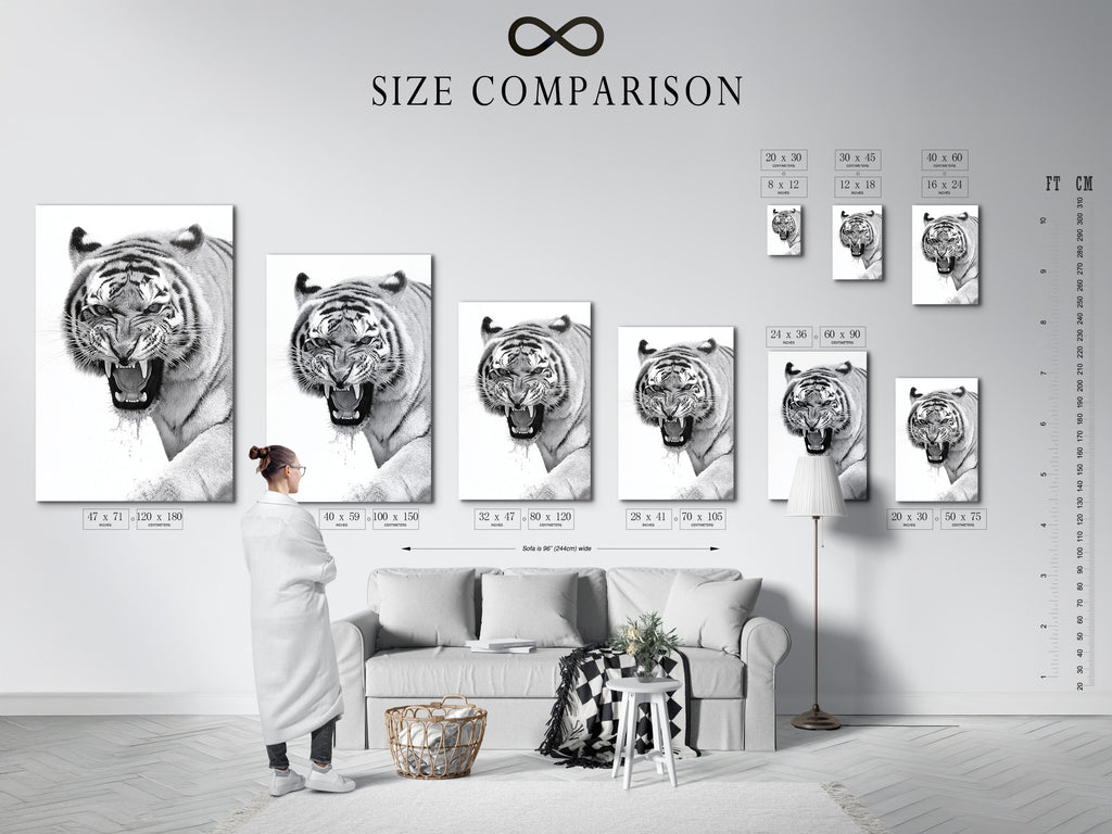 A size comparison chart is displayed in a stylish interior. This chart helps visualize the artwork. It assists in choosing the perfect size for your space. This ensures the artwork complements your room. It helps you make an informed purchasing decision. Plan your space with confidence.