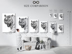 A size comparison chart is displayed in a stylish interior. This chart helps visualize the artwork. It assists in choosing the perfect size for your space. This ensures the artwork complements your room. It helps you make an informed purchasing decision. Plan your space with confidence.