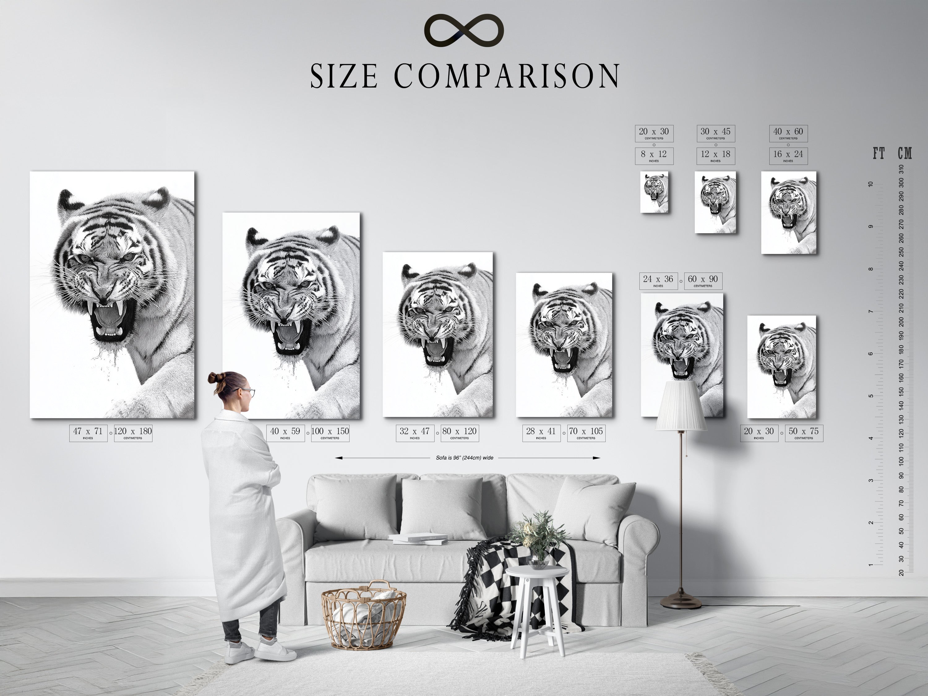 A size comparison chart is displayed in a stylish interior. This chart helps visualize the artwork. It assists in choosing the perfect size for your space. This ensures the artwork complements your room. It helps you make an informed purchasing decision. Plan your space with confidence.