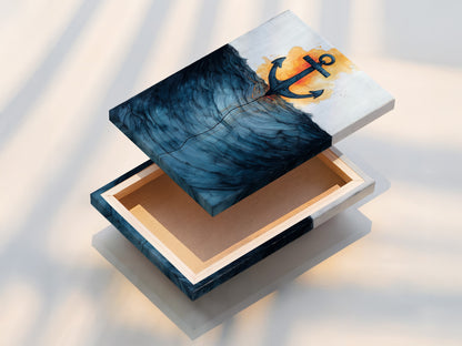 A stretched canvas print of nautical artwork. The art features an anchor and ocean waves. Ready to hang this stretched canvas adds instant coastal charm. Ideal for living rooms bathrooms and lake houses. Explore our ocean art.