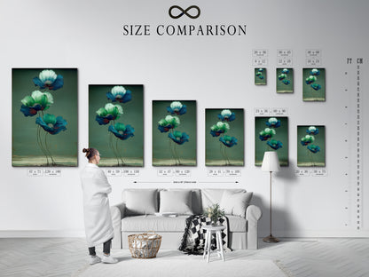 Our size comparison chart shows how our artwork fits in any room. Visualize floral canvas prints in your interior space. Discover botanical art that complements your modern decor. Find the perfect flower artwork to enhance your home.