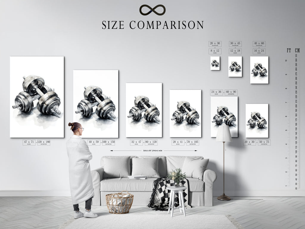 A size comparison chart displayed in an interior setting. See how different sizes fit your space. Use this chart to choose the perfect artwork size. Get the right dimensions for your artwork.