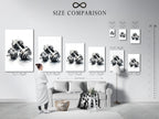 A size comparison chart displayed in an interior setting. See how different sizes fit your space. Use this chart to choose the perfect artwork size. Get the right dimensions for your artwork.