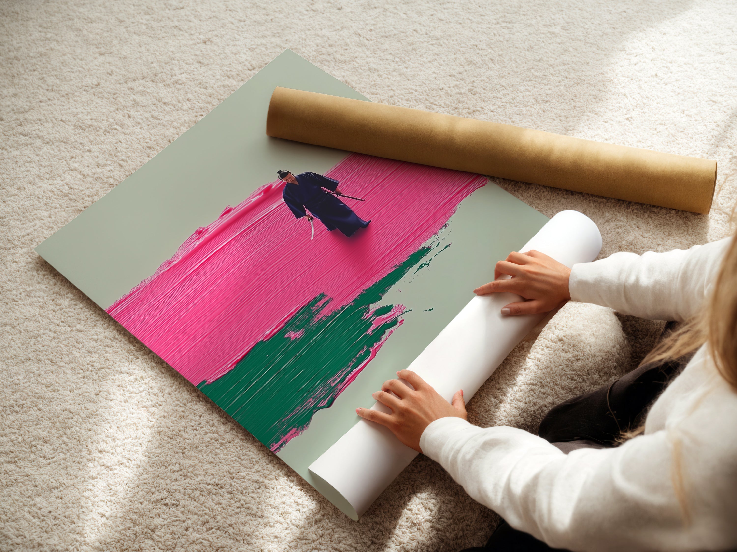 A woman is carefully rolling a fine art poster paper. The poster showcases the Abstract Pink Samurai design. Fine art paper ensures high quality prints. It captures every detail of the original artwork. Perfect for minimalist Asian contemporary styles.