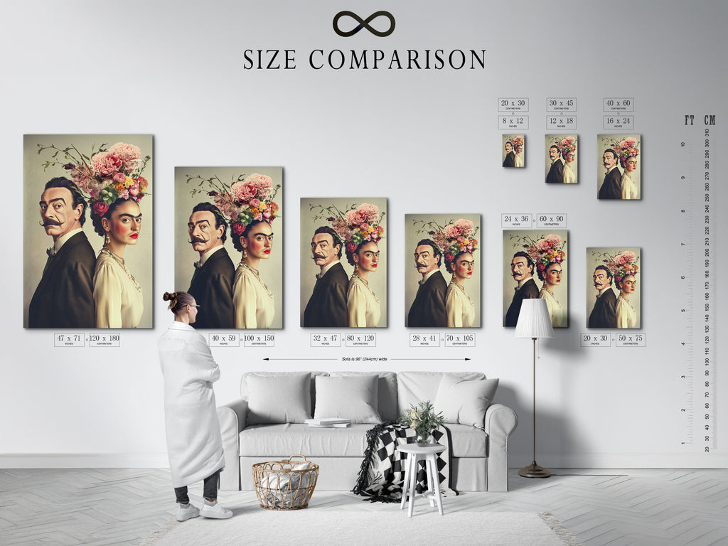 Size comparison chart in an interior setting. Featuring vintage portrait art with floral crowns. Visualize the perfect fit for your space. Artwork options for various room sizes. It's a great addition to any home decor.