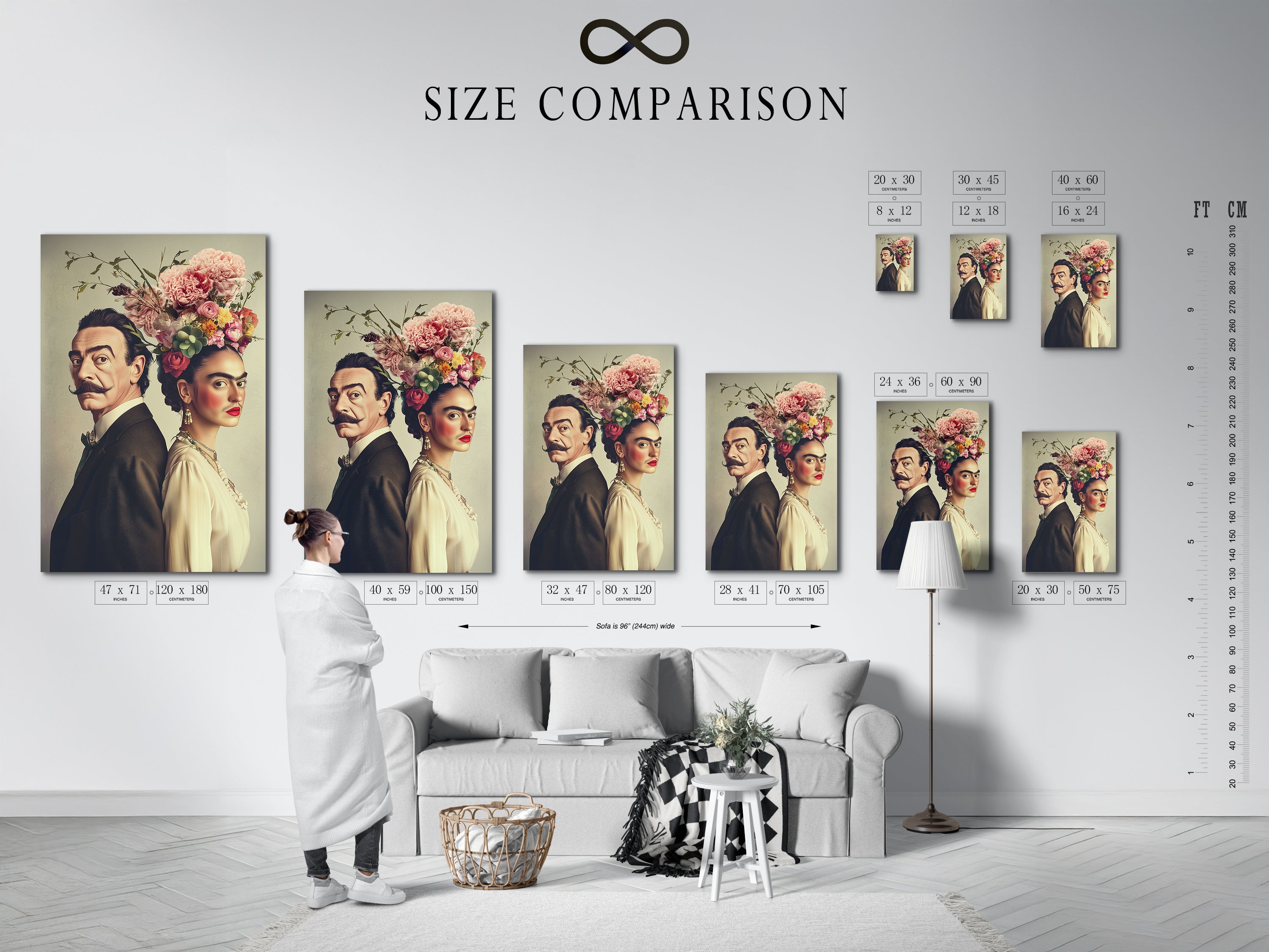 Size comparison chart in an interior setting. Featuring vintage portrait art with floral crowns. Visualize the perfect fit for your space. Artwork options for various room sizes. It's a great addition to any home decor.