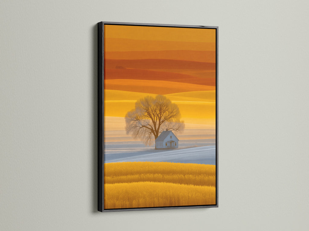 This is a black framed farmhouse landscape canvas artwork. The golden field wall art features a country house. This nature print provides rural wall art for your dining room decor. It's perfect for farmhouse decor. Add scenic artwork to your home.