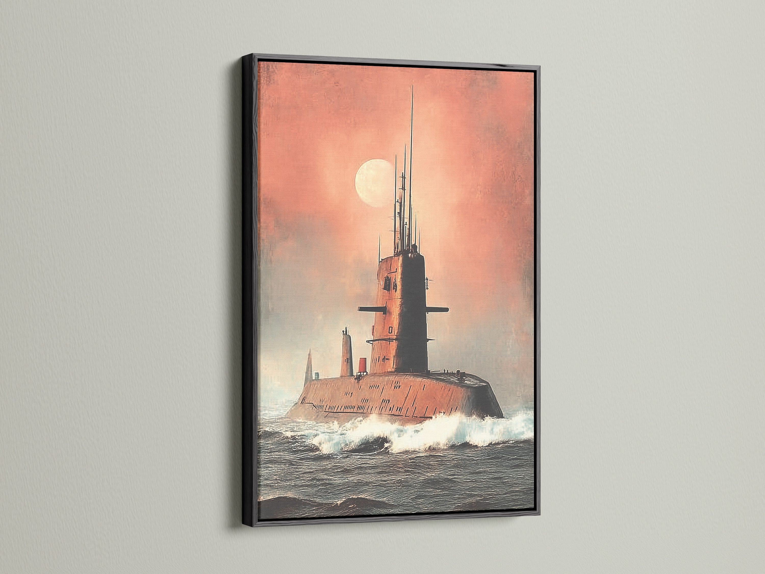 Military artwork presented in a black frame. This naval history art piece makes a bold statement. The black frame accentuates the details of the submarine canvas. A great choice for man caves libraries and lounges.