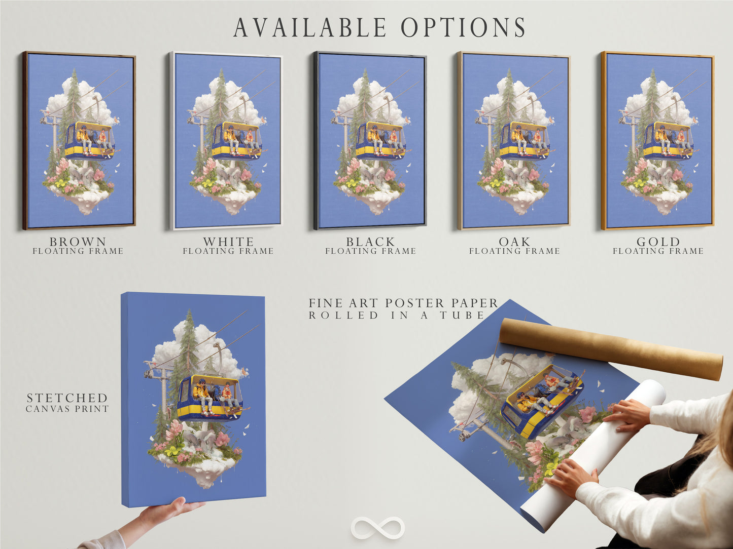 This image showcases available options for the Ski Lift Adventure artwork. Choose between a stretched canvas print fine art poster paper or a floating frame. Perfect for adding alpine wall art to your home. This skiing print suits kids room decor or ski lodge.