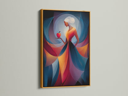 A gold frame adds luxury to this artwork. The artwork features a woman holding a red apple. The gold frame enhances the artwork's richness. It creates a sophisticated and opulent feel.