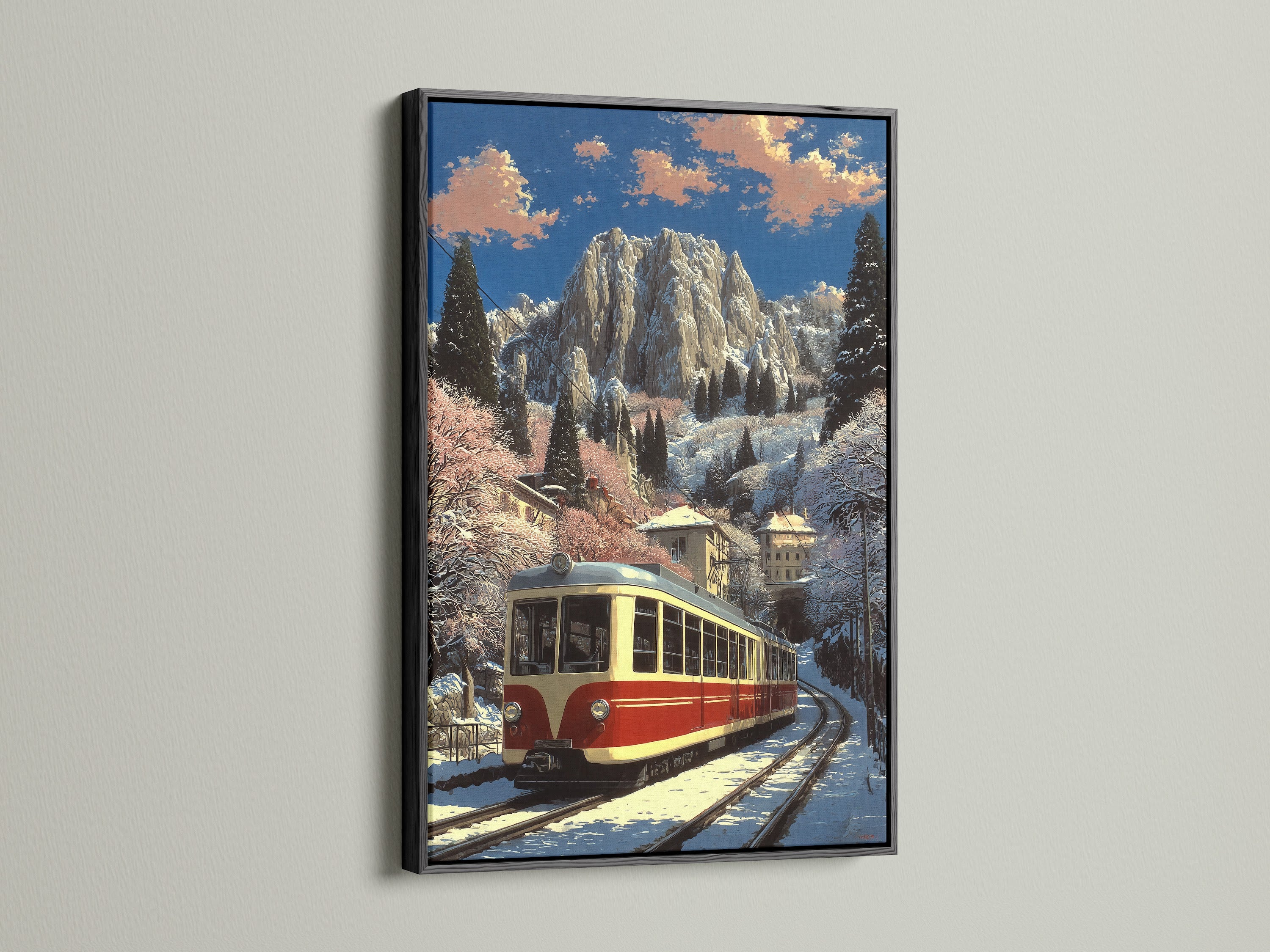 Vintage train artwork showcased in a black frame. The art captures an alpine mountain railway during winter. This piece of train wall art adds sophistication. This is great for themed restaurants and man caves.