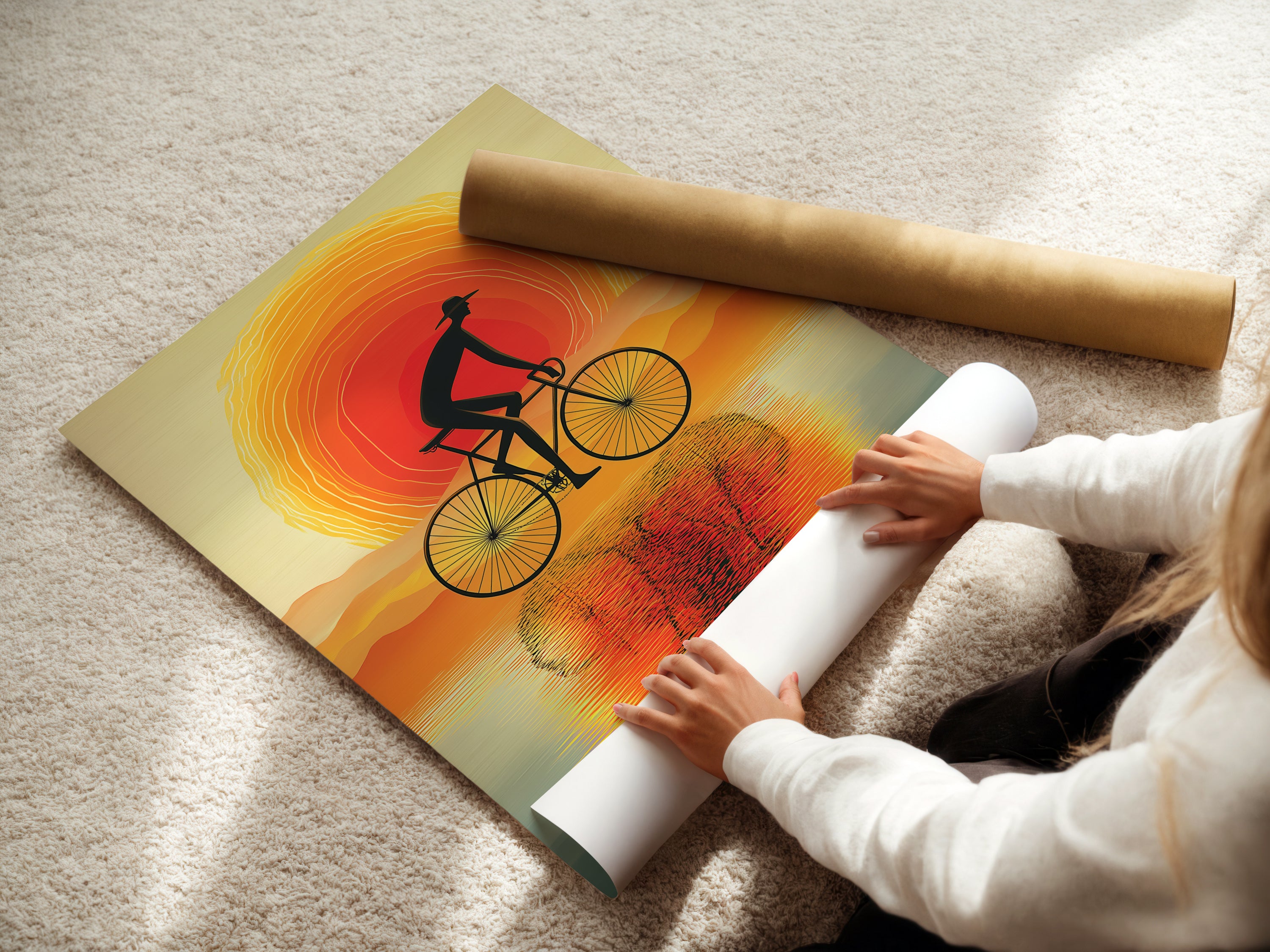 A woman carefully rolls a fine art poster paper. This ensures safe delivery of your biking artwork. Choose a sunset reflection art print. The cyclist gift is perfect for art lovers.