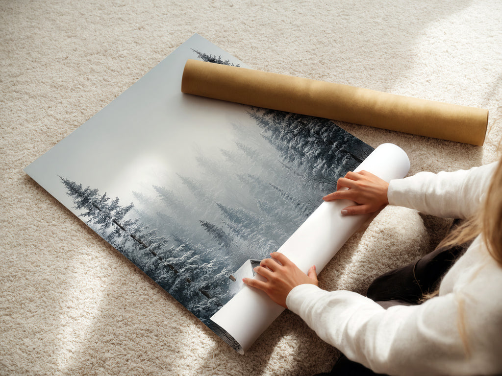 A woman is carefully rolling a fine art poster paper featuring a Winter Forest artwork. The artwork shows snow-covered pine trees. A cozy cabin is nestled in a winter landscape. High-quality paper ensures a lasting piece. Perfect for framing.