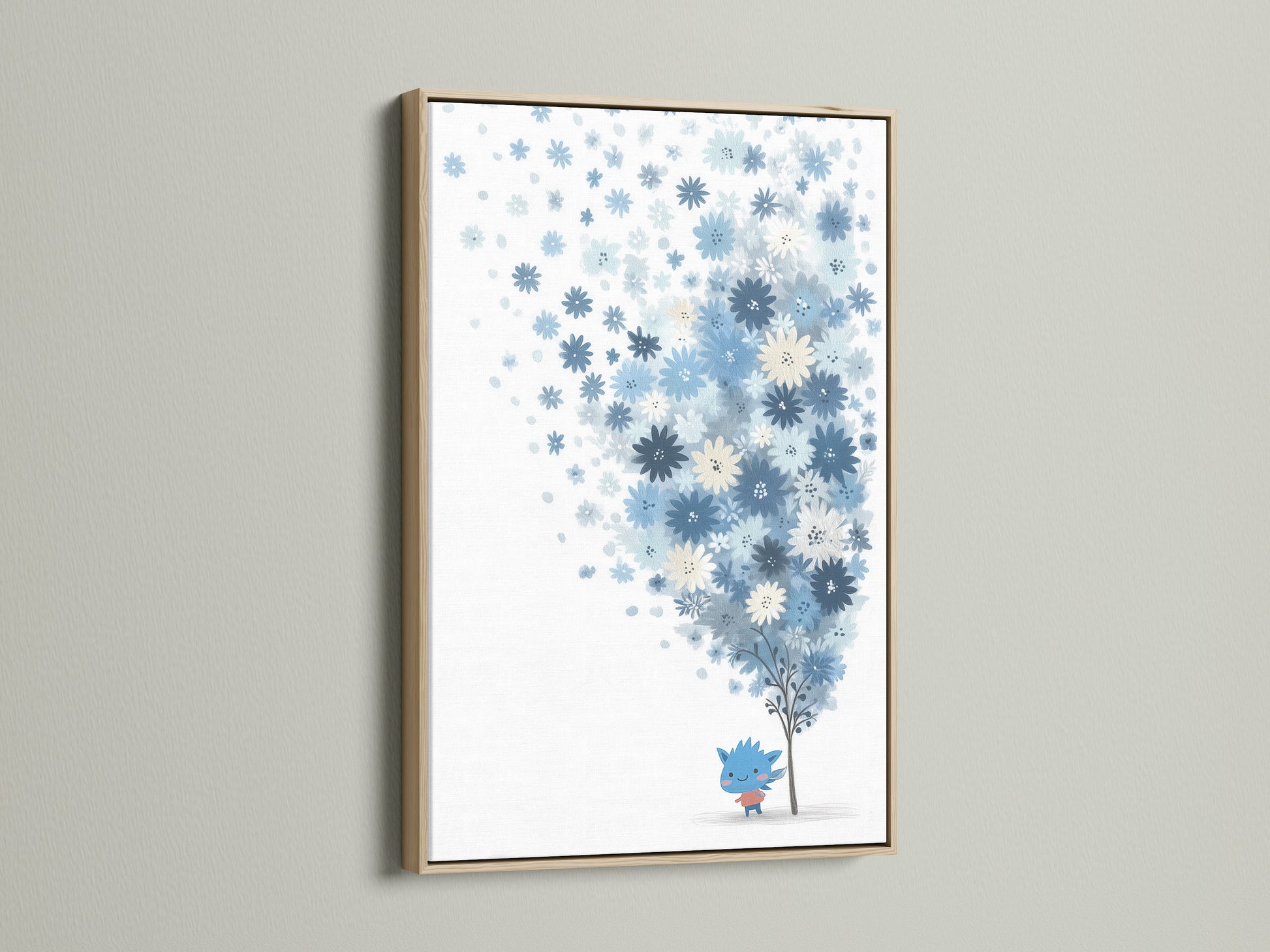 A close-up of a blue floral canvas print displayed in an oak frame. The pastel colors and flower tree art create a soothing aesthetic. Ideal for adding a touch of nature to any room. This botanical print is perfect for a kids room or nursery.