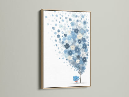 A close-up of a blue floral canvas print displayed in an oak frame. The pastel colors and flower tree art create a soothing aesthetic. Ideal for adding a touch of nature to any room. This botanical print is perfect for a kids room or nursery.