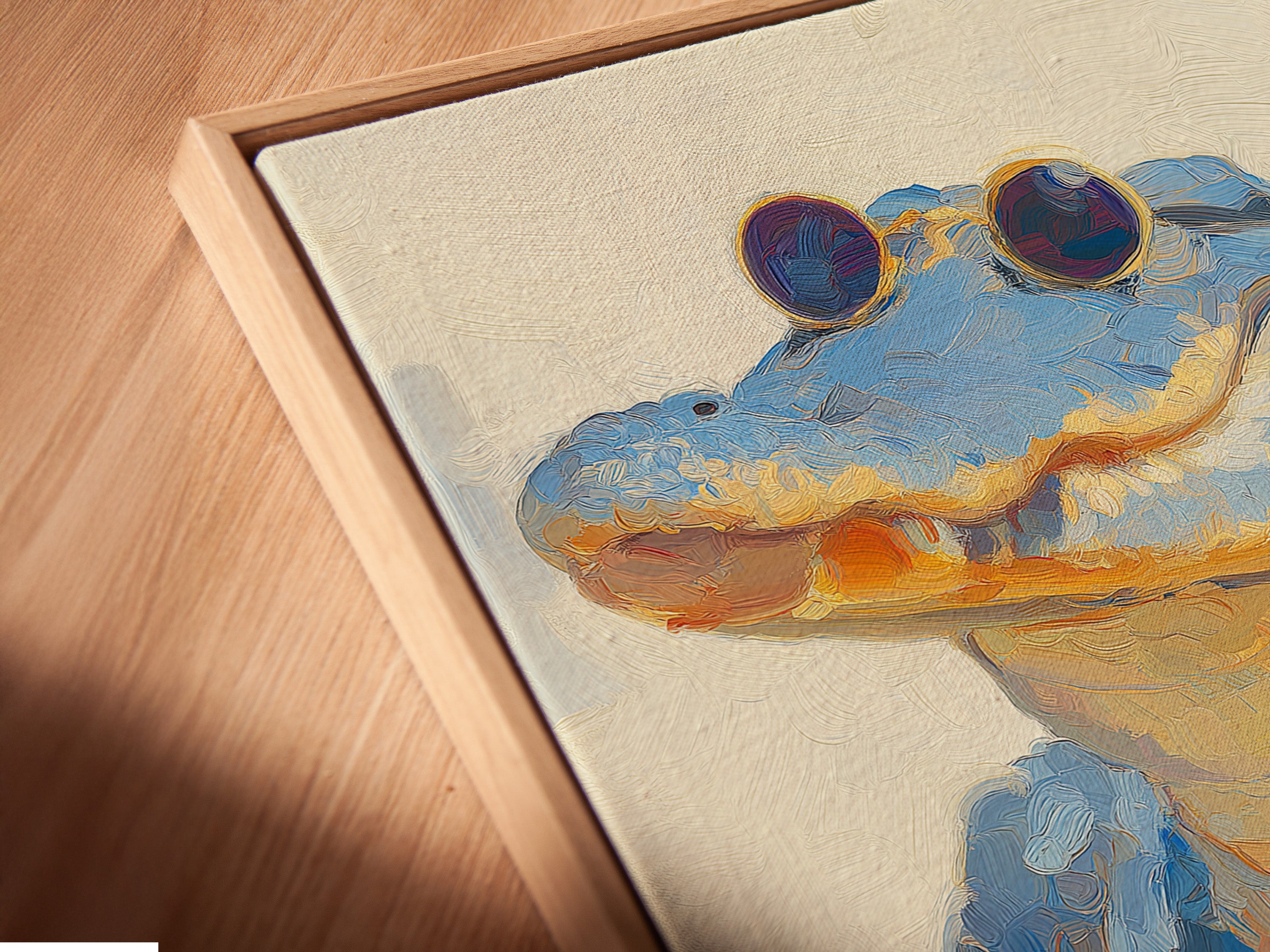 A close-up angled view shows a canvas print in a floating frame. The frame creates a unique shadow effect. It gives the illusion that the artwork is floating. This modern framing style adds depth and dimension to any art piece.