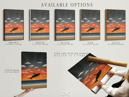 Available options for our Whale Sunset artwork. Choose from stretched canvas prints fine art poster paper or floating frames. Each option offers a unique way to display your new artwork. Find the perfect style for you.