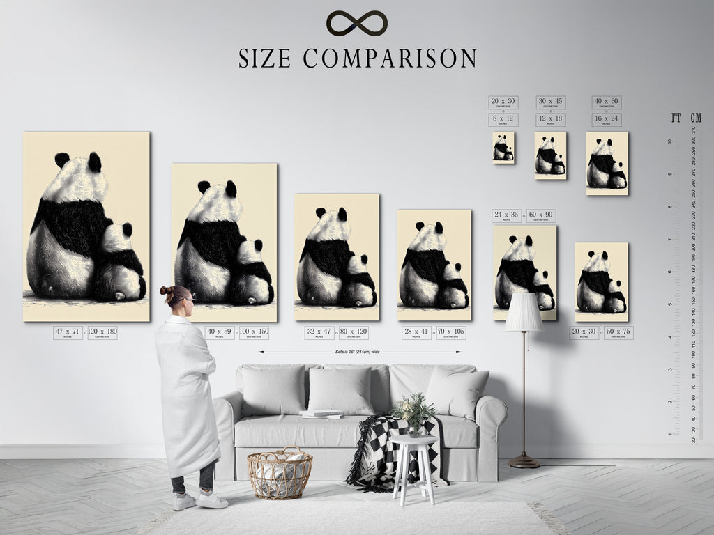 This is a size comparison chart in an interior setting. The chart helps visualize different art sizes. See how each size fits within a room. Choose the perfect dimensions for your space with this helpful guide.