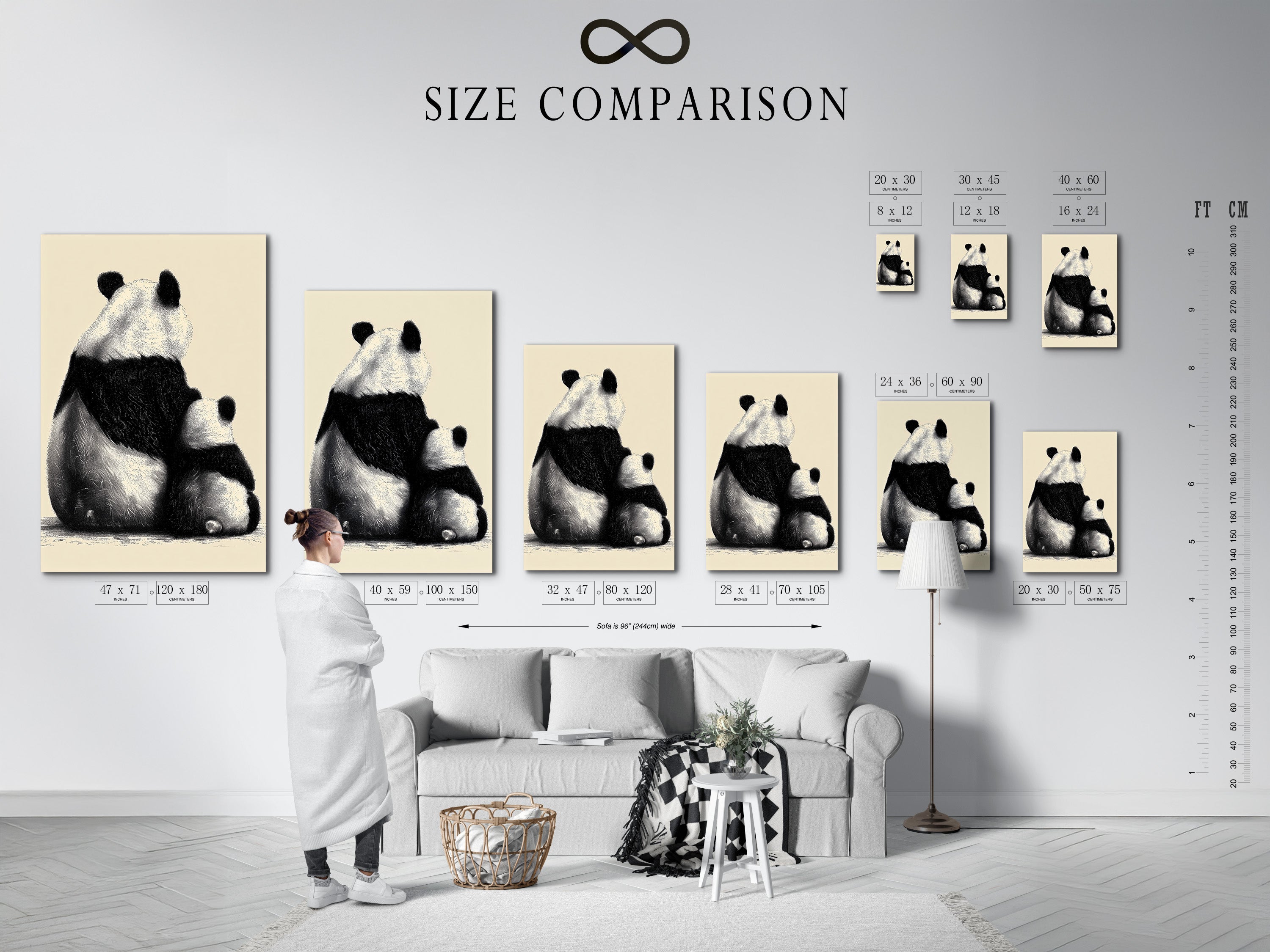 This is a size comparison chart in an interior setting. The chart helps visualize different art sizes. See how each size fits within a room. Choose the perfect dimensions for your space with this helpful guide.