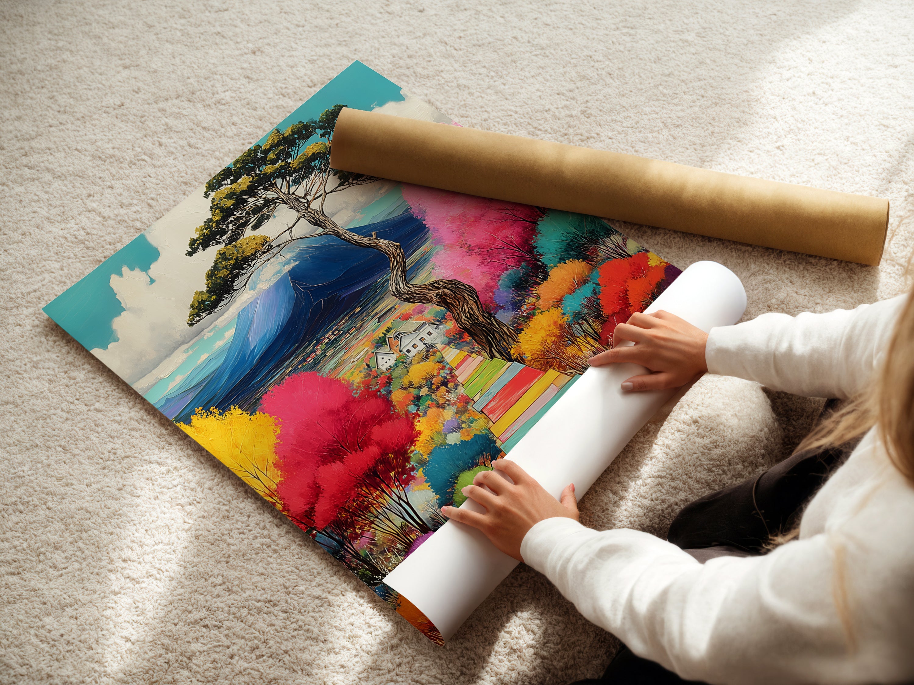 A woman expertly rolls a fine art poster paper. The paper displays a colorful landscape artwork. The mountain view and whimsical trees come to life. The paper is ready to be framed or displayed as a poster print.