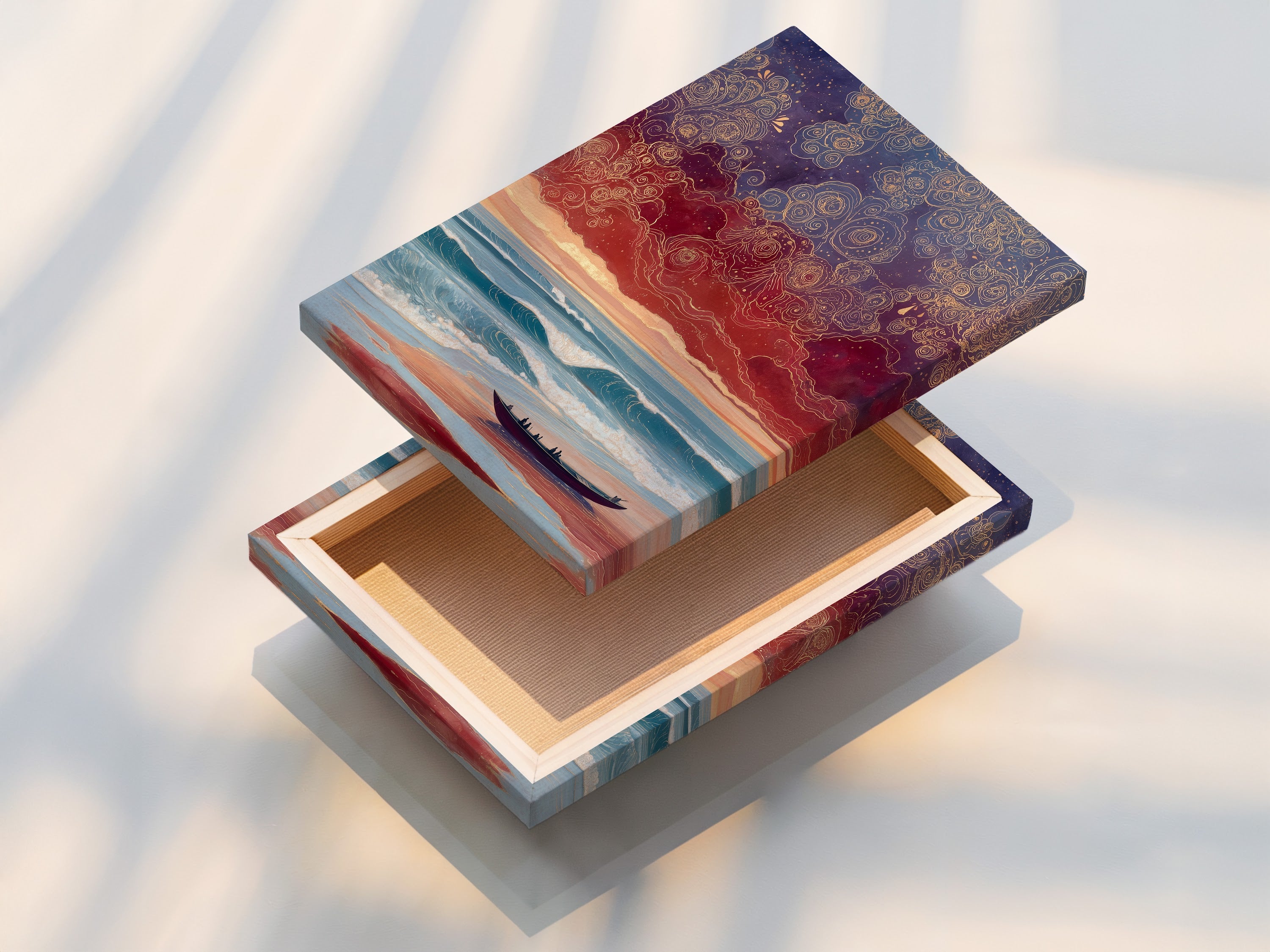 A stretched canvas print displaying a dreamy seascape. The coastal artwork is ready to hang. The stretched canvas print provides a clean look. Perfect for adding a touch of the beach to your home. The sunset print enhances any room. Bring the serenity of the ocean into your space.