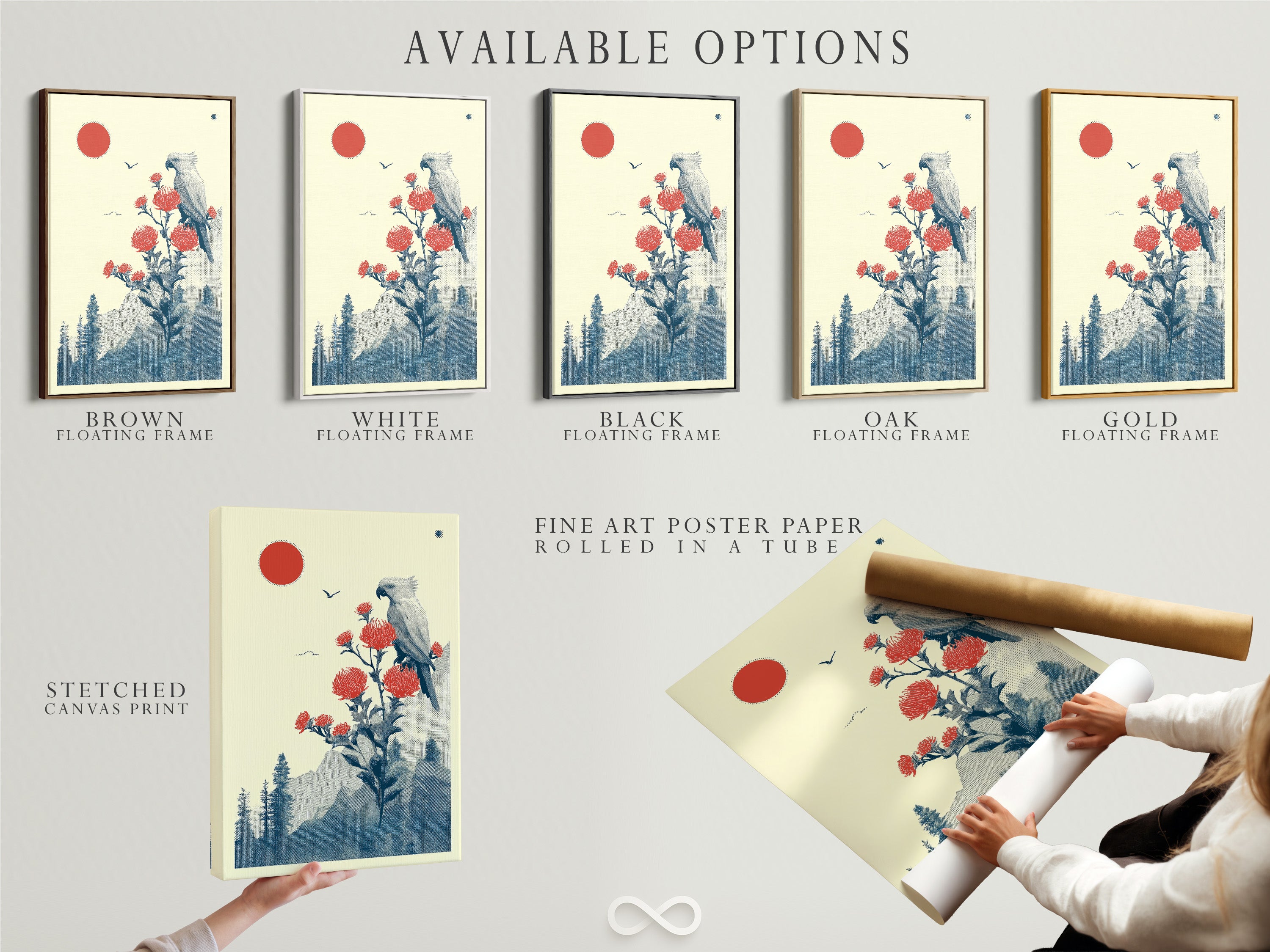 Available options for the Japanese bird artwork. Stretched canvas print fine art poster paper and floating frame. Customize your vintage botanical art to match your style. Shop now.