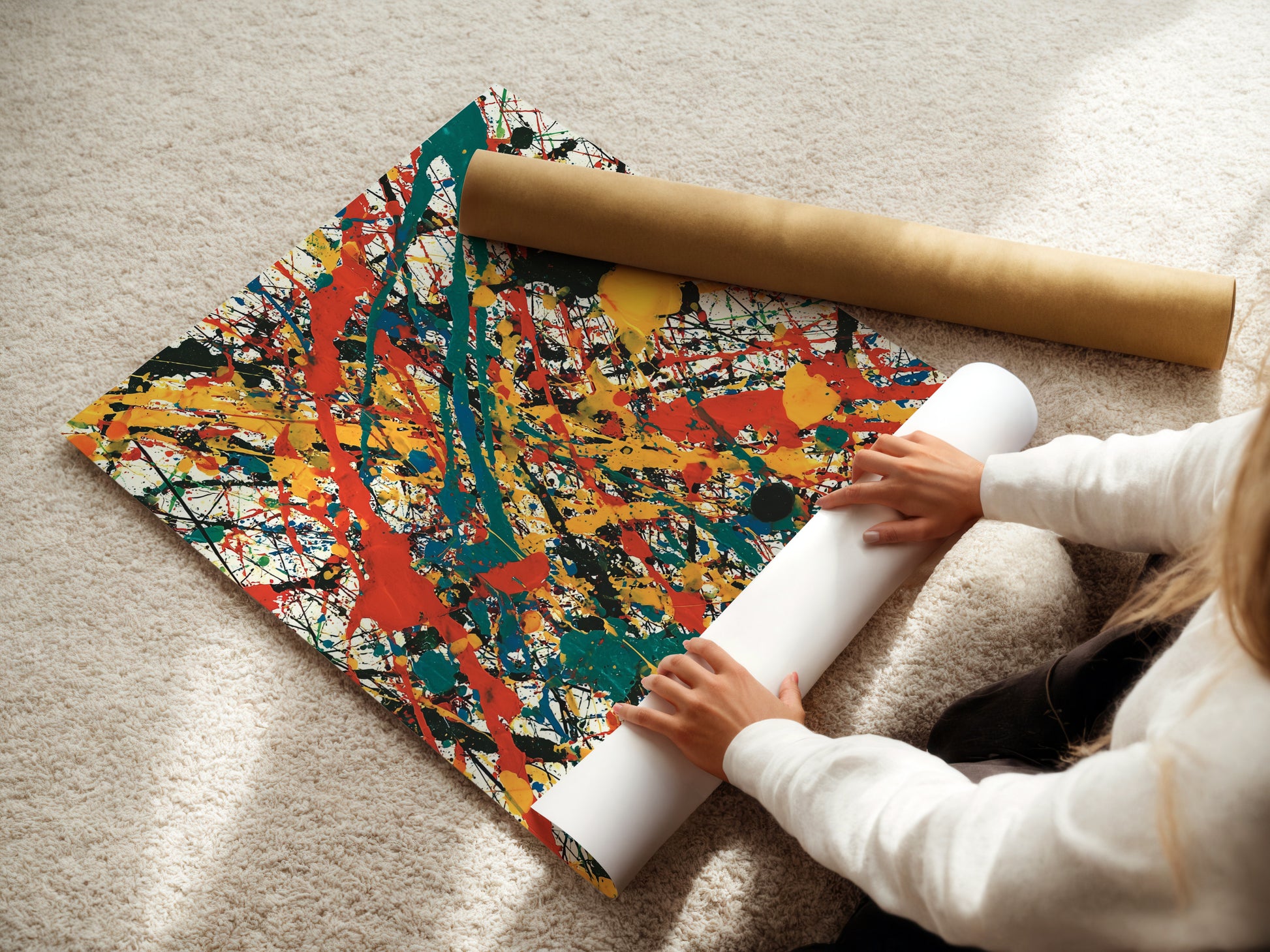 This image shows a woman rolling fine art poster paper. She is preparing the poster for framing or display. High-quality fine art paper ensures vibrant colors and longevity. Our fine art posters are printed on premium paper. Experience the beauty of fine art in your home. Discover our collection of art posters.