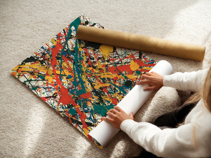 This image shows a woman rolling fine art poster paper. She is preparing the poster for framing or display. High-quality fine art paper ensures vibrant colors and longevity. Our fine art posters are printed on premium paper. Experience the beauty of fine art in your home. Discover our collection of art posters.
