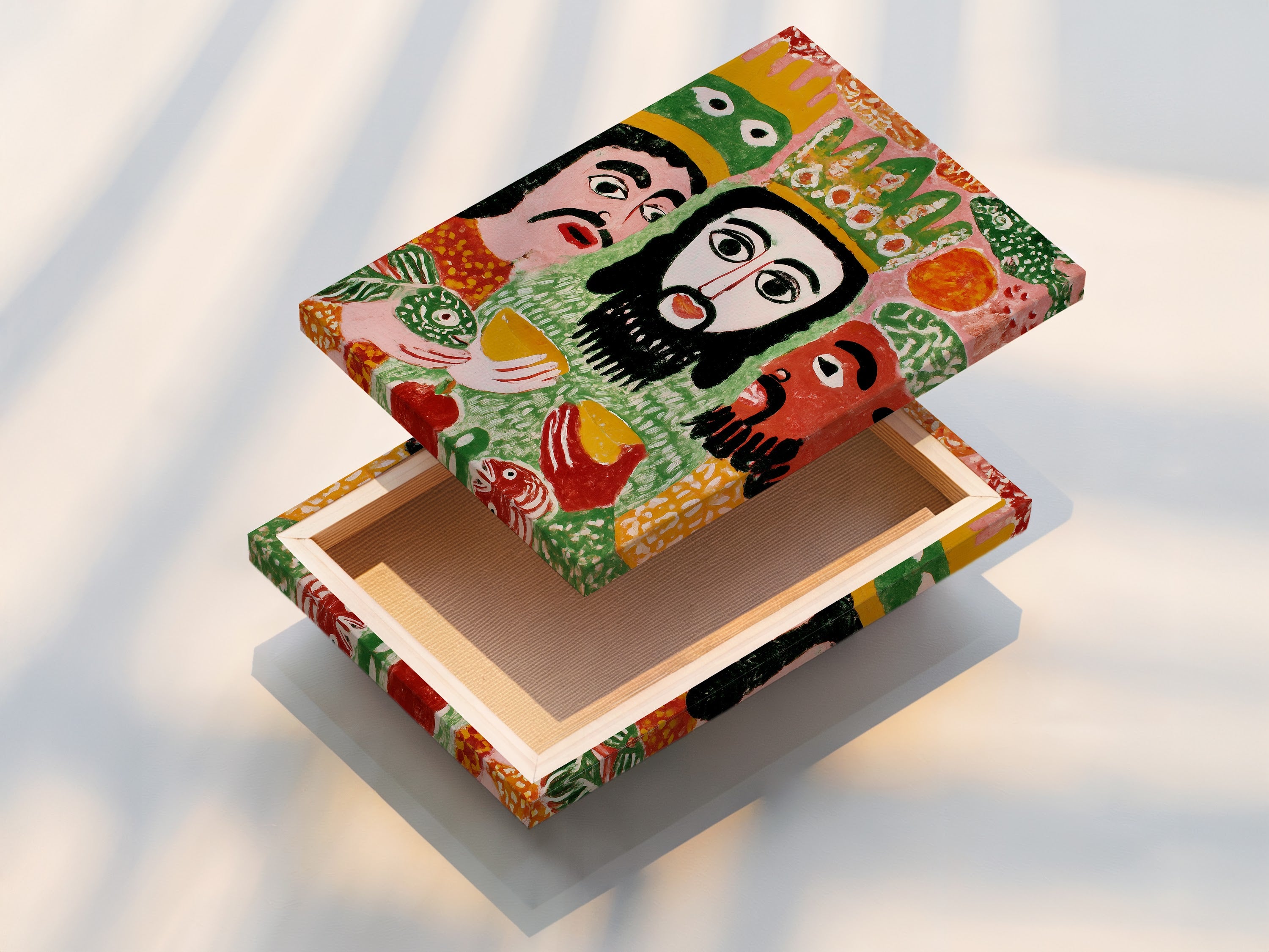 A beautifully stretched canvas print displaying the Three Wise Men. This religious artwork brings a touch of biblical folk art to any room. Perfect for creating a focal point in your home or church. Its vibrant colors and rustic style add warmth and character.