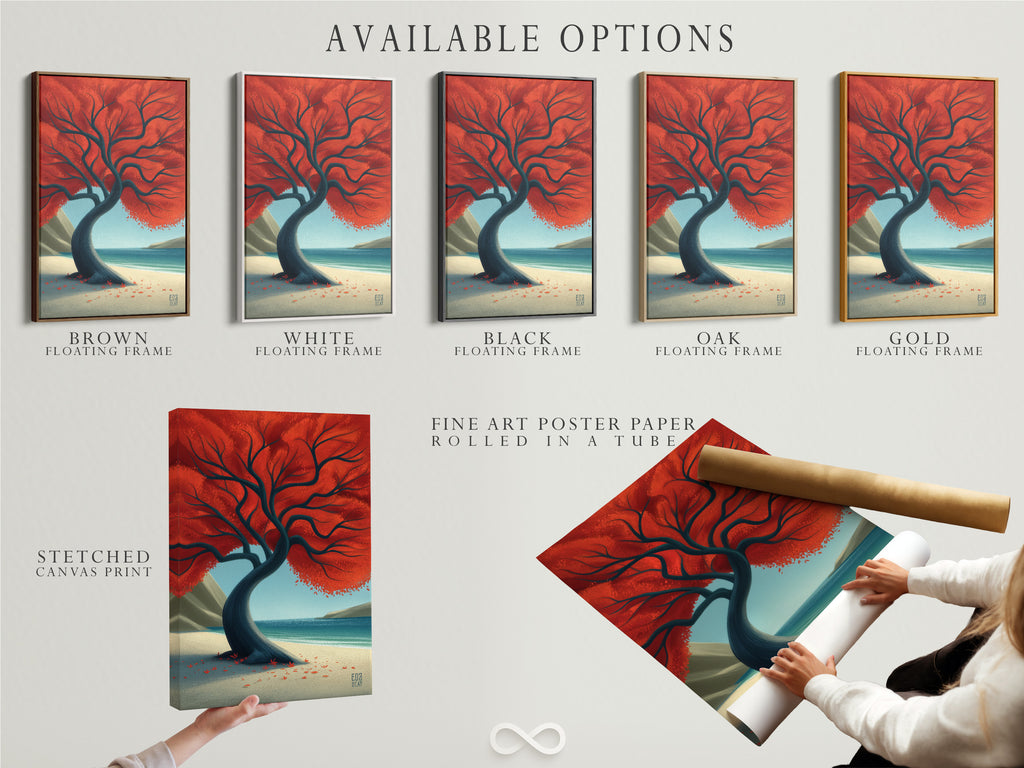 Explore available options for the Red Tree coastal landscape artwork. Choose from a stretched canvas print fine art poster paper or floating frame. Find the perfect style to match your decor. Bring the beauty of the beach into your home.