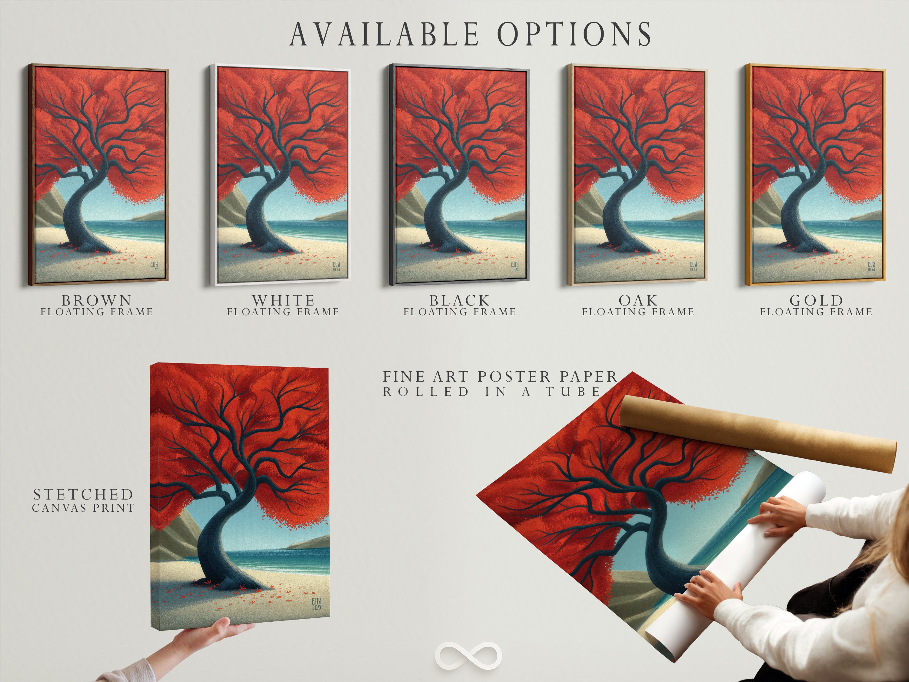 Explore available options for the Red Tree coastal landscape artwork. Choose from a stretched canvas print fine art poster paper or floating frame. Find the perfect style to match your decor. Bring the beauty of the beach into your home.