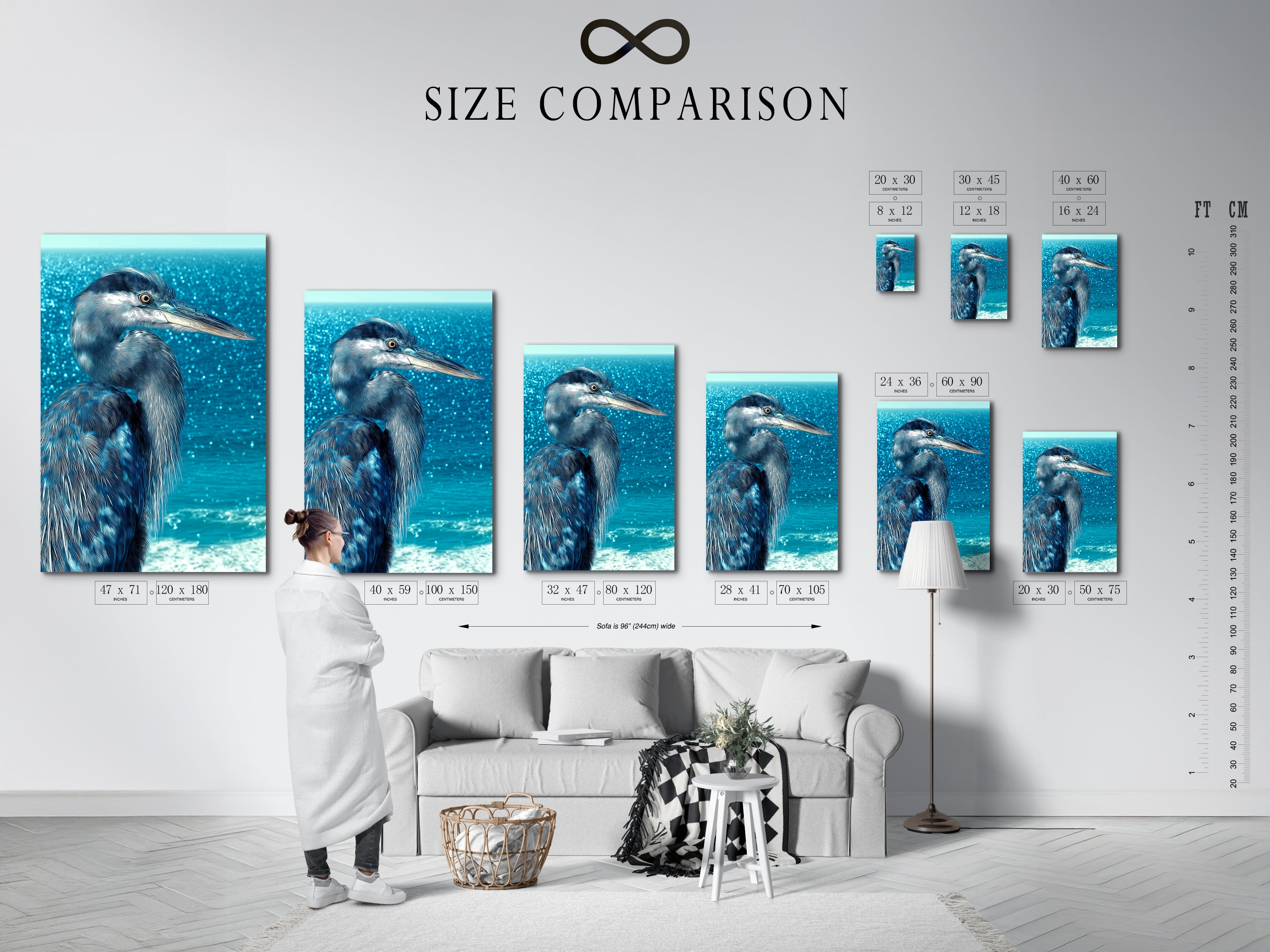 A size comparison chart displays heron artwork in an interior. Visualize the perfect size for your space. Consider this piece for living room wall art or bedroom wall decor. Find the ideal fit for your coastal decor.