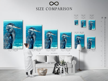 A size comparison chart displays heron artwork in an interior. Visualize the perfect size for your space. Consider this piece for living room wall art or bedroom wall decor. Find the ideal fit for your coastal decor.