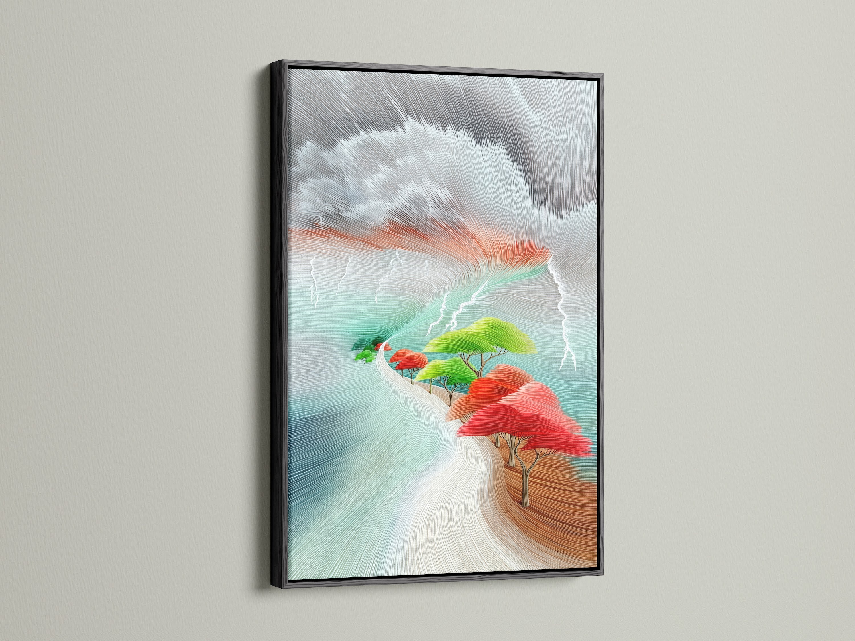 A black frame presents a striking abstract landscape art print. The colorful trees stand out against the dark frame. This modern nature artwork adds sophistication to any space. This is ideal for living room or office wall decor.