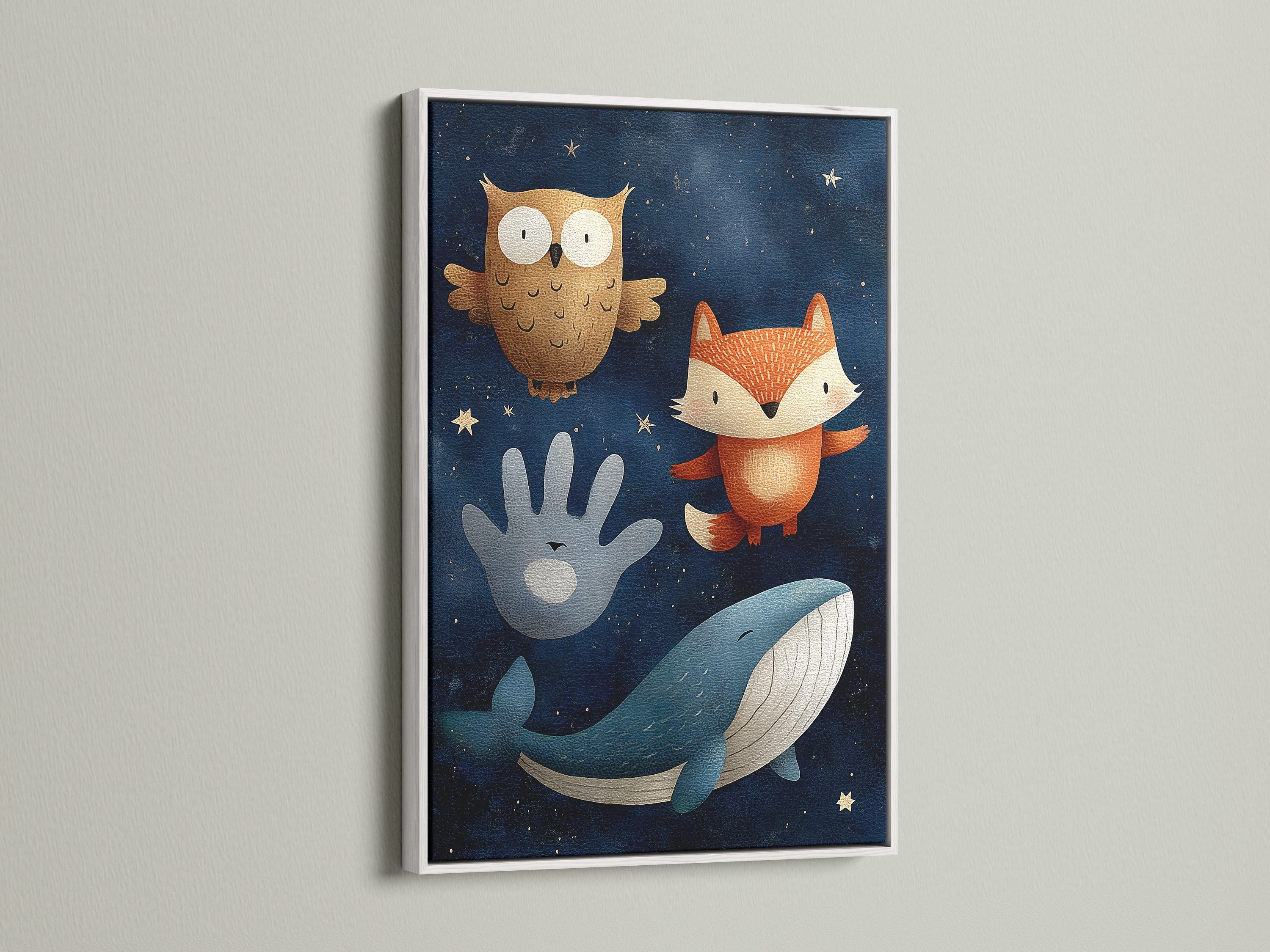 This framed art showcases a charming white frame. The art includes an owl a fox a hand and a whale. The artwork is set against a dark blue starry background. Get a clean look with our white frames.
