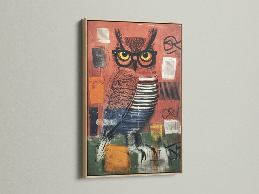 A close up of an owl art print in an oak frame on a white wall. The contemporary artwork incorporates orange and blue hues. Ideal animal art print for modern home decor and office wall decor.