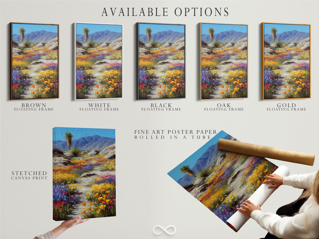 Available options include a stretched canvas print. Fine art poster paper and a floating frame are also available. Choose the perfect presentation for your desert wildflower artwork. Customize your colorful landscape print. Find the ideal style for your Southwest art.