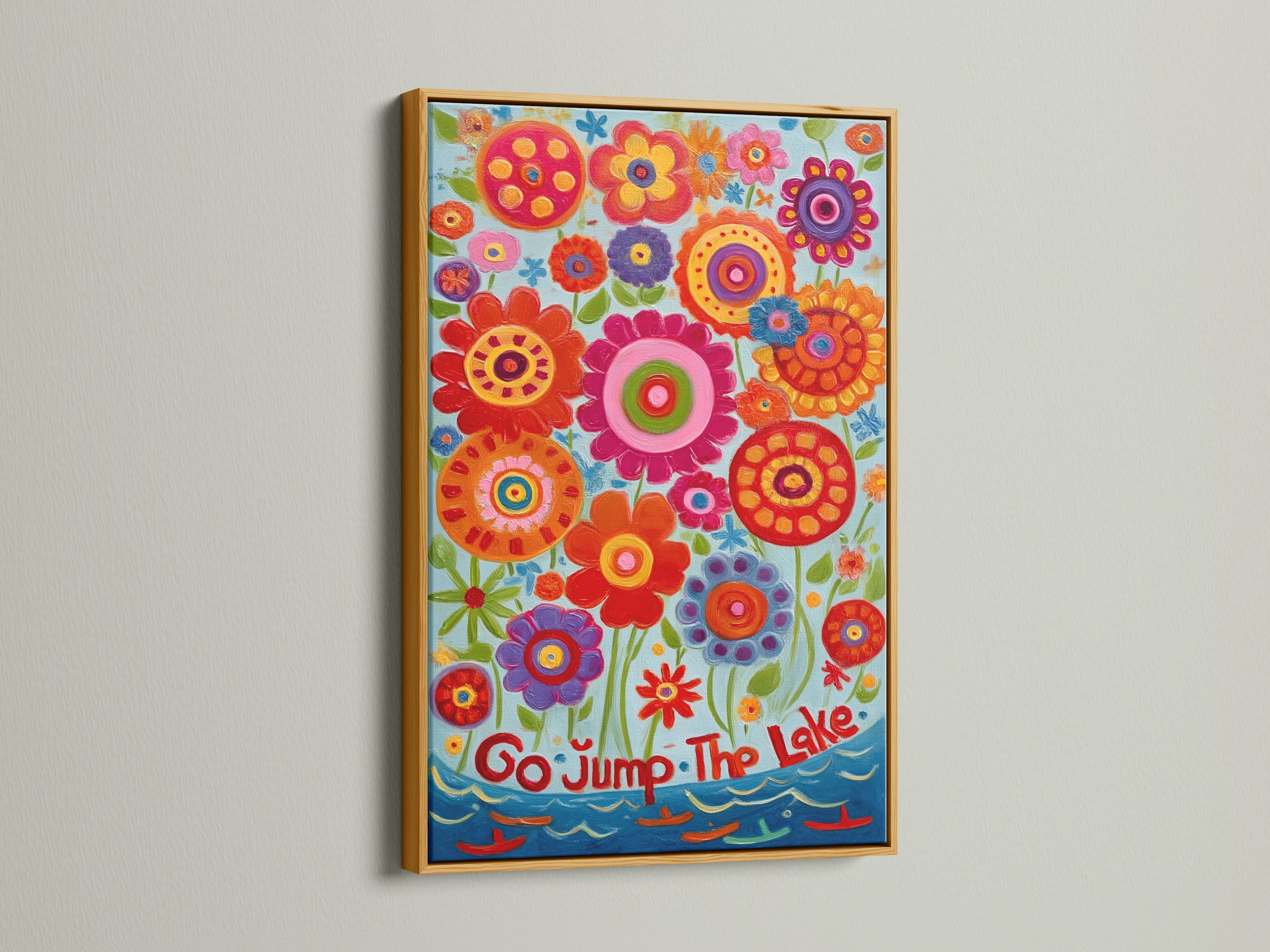 A gold frame showcases a vibrant floral canvas print. This botanical artwork adds a touch of elegance. Ideal for creating a bright and cheerful atmosphere with colorful flower wall art. Elevate your home decor today.