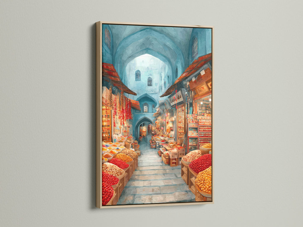 Spice Market artwork with an oak frame. This art is ideal for dining rooms and kitchens. The Middle Eastern decor features teal and red hues. Perfect for ethnic or bohemian styles.