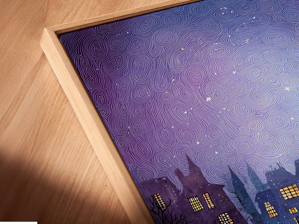 Angled close up of a canvas print in a floating frame. The artwork showcases a whimsical cityscape under a starry sky. The buildings have glowing windows. The floating frame gives the art a modern look. It enhances the overall aesthetic of the piece. This artwork is sure to be a conversation starter.