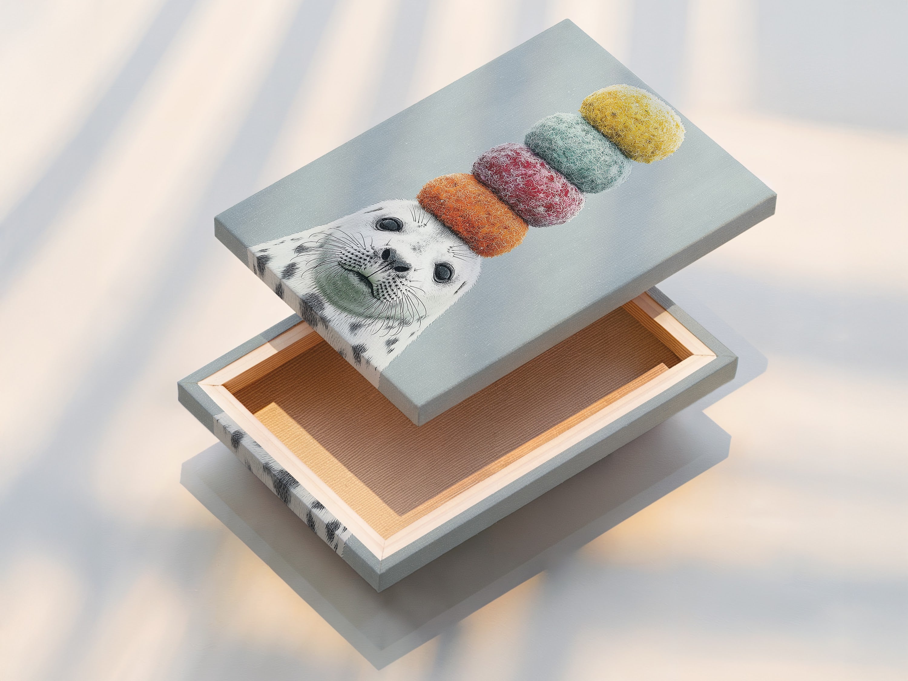 A stretched canvas print of the whimsical seal artwork. The stretched canvas print offers a gallery-ready look. Perfect for showcasing the colorful animal art. Add a playful touch to any room with this charming piece. Ideal for kids rooms nurseries or modern decor.