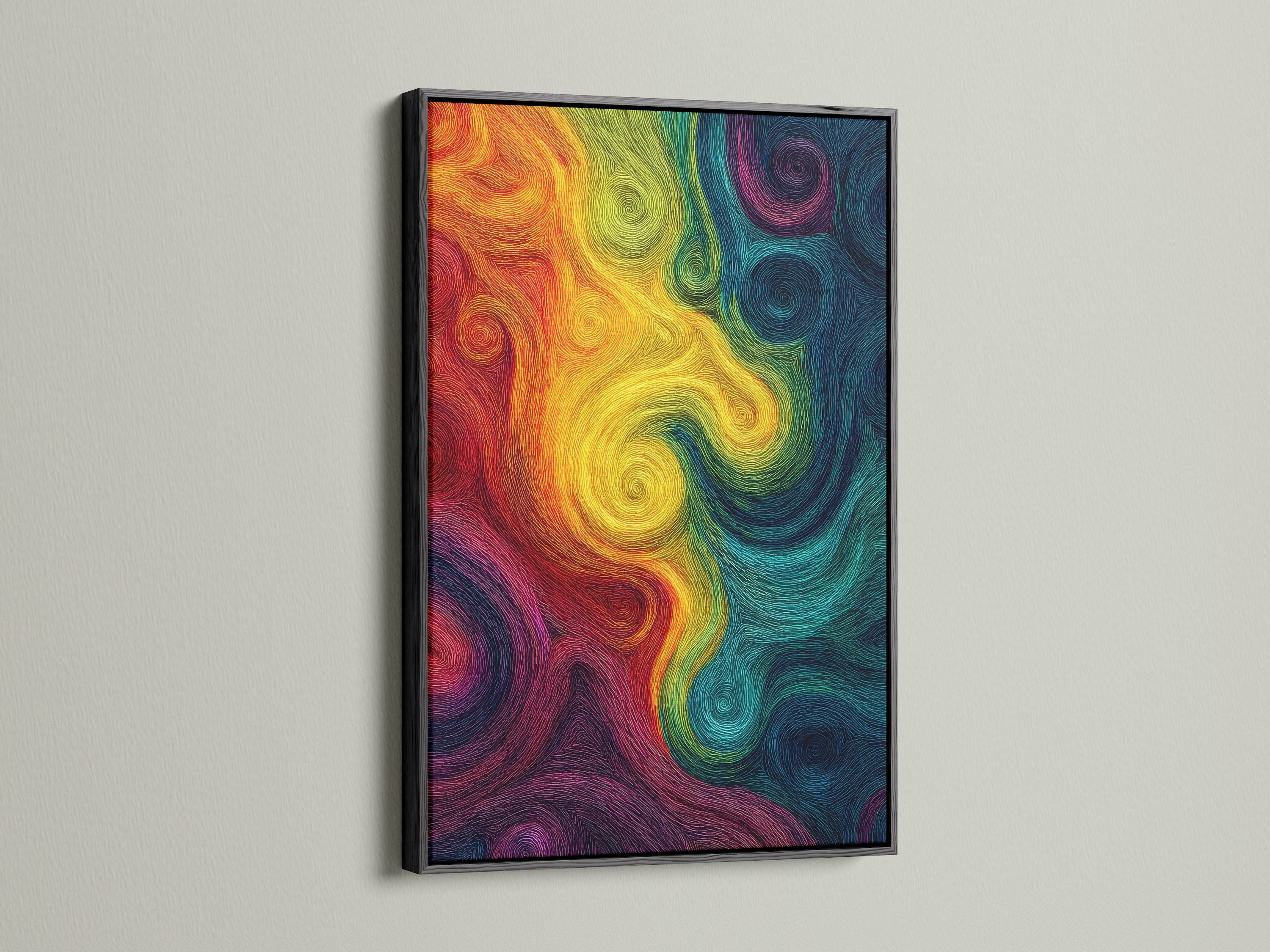 Here's an abstract swirl artwork displayed in a sleek black frame. This modern psychedelic print features a colorful rainbow. Ideal for adding a bold contemporary touch to your decor. It suits various interior styles from minimalist to eclectic offering a sophisticated look.