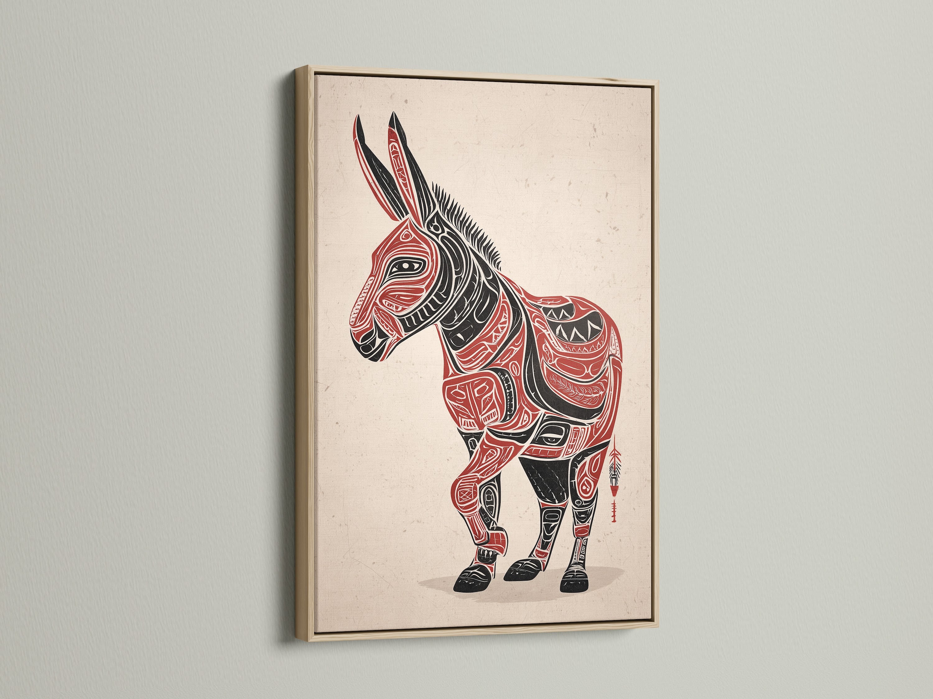 A close-up of the Tribal Donkey art print. It is showcased within an oak frame. The artwork's tribal animal art style adds a unique touch. It is perfect as native american art in southwestern decor. It can also be used as tribal canvas print. The art brings ethnic wall art charm.